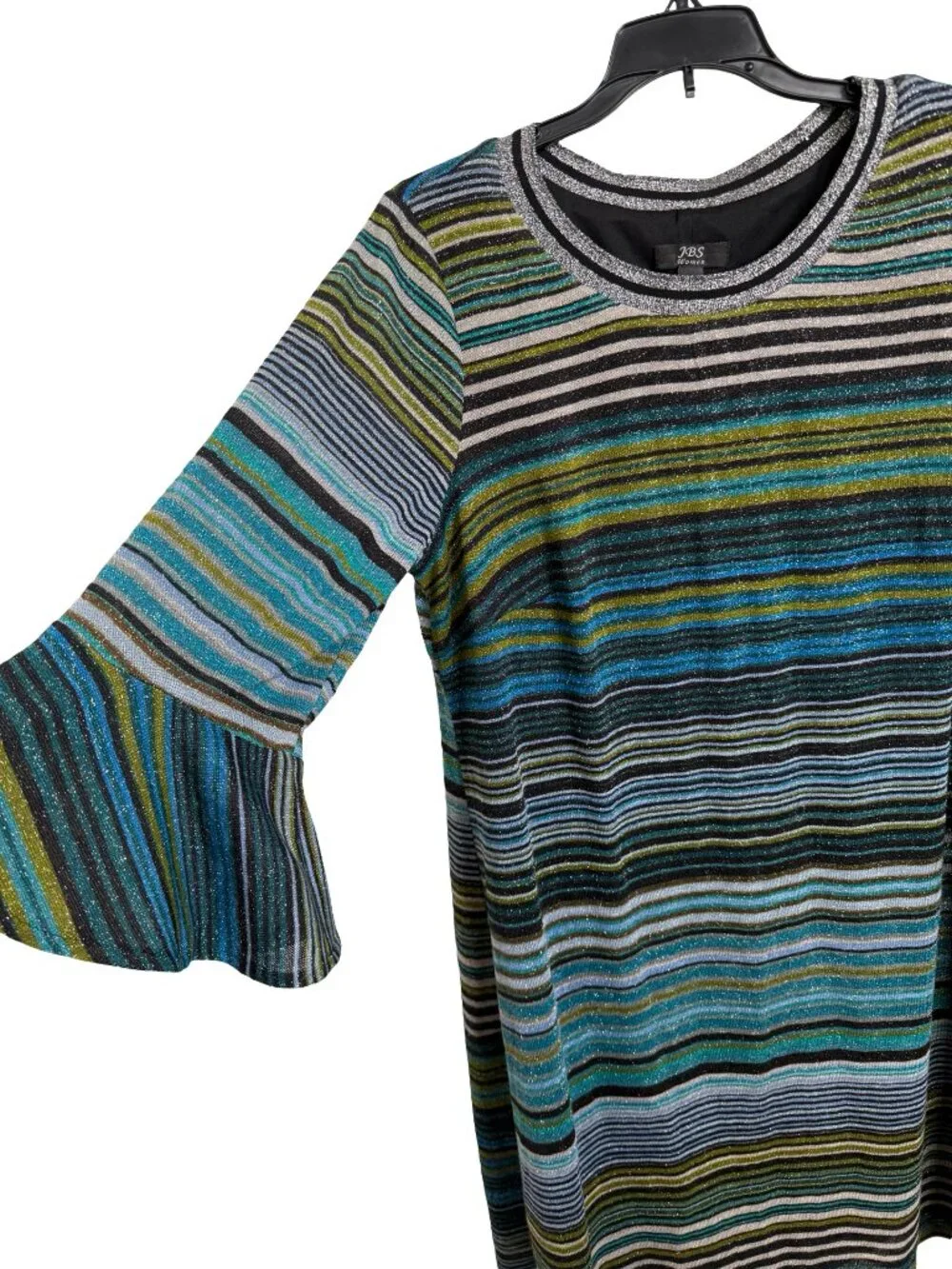 JBS Women Knit Dress 1X Metallic Blue Stripe Bell Sleeve Business Casual